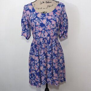 NWT LOFT Womens Dress Scoop Neck Puff Sleeve Swing Floral Print Blue Pink size 0